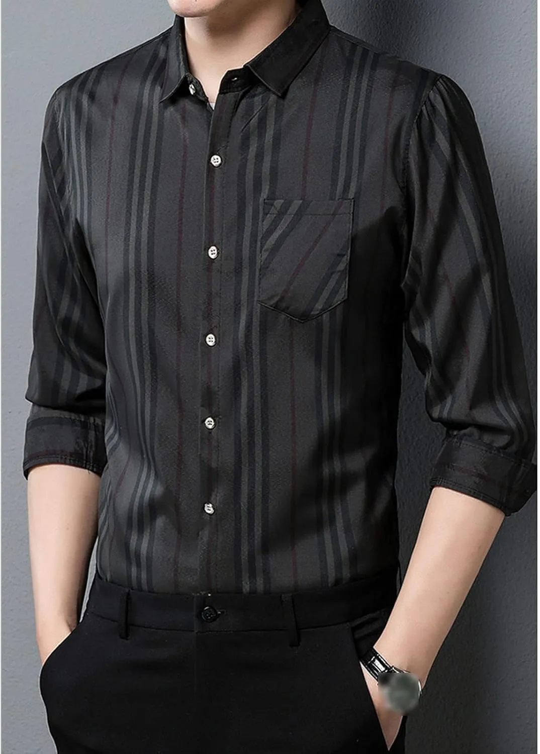 DGHM-JLMY Men Fashion Lapel Casual Long Sleeve Striped Shirt Button-Down Shirt Striped Dress Shirt Slim-Fit Stretch Shirt
