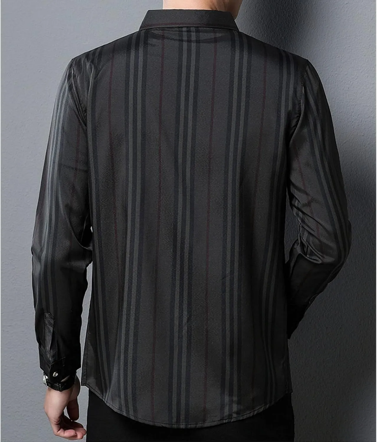 DGHM-JLMY Men Fashion Lapel Casual Long Sleeve Striped Shirt Button-Down Shirt Striped Dress Shirt Slim-Fit Stretch Shirt