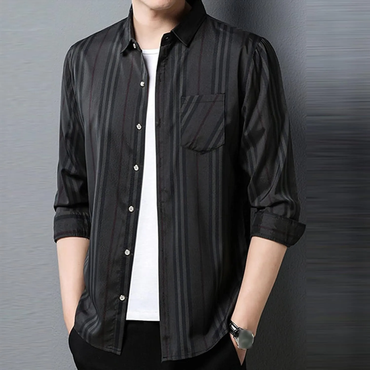 DGHM-JLMY Men Fashion Lapel Casual Long Sleeve Striped Shirt Button-Down Shirt Striped Dress Shirt Slim-Fit Stretch Shirt