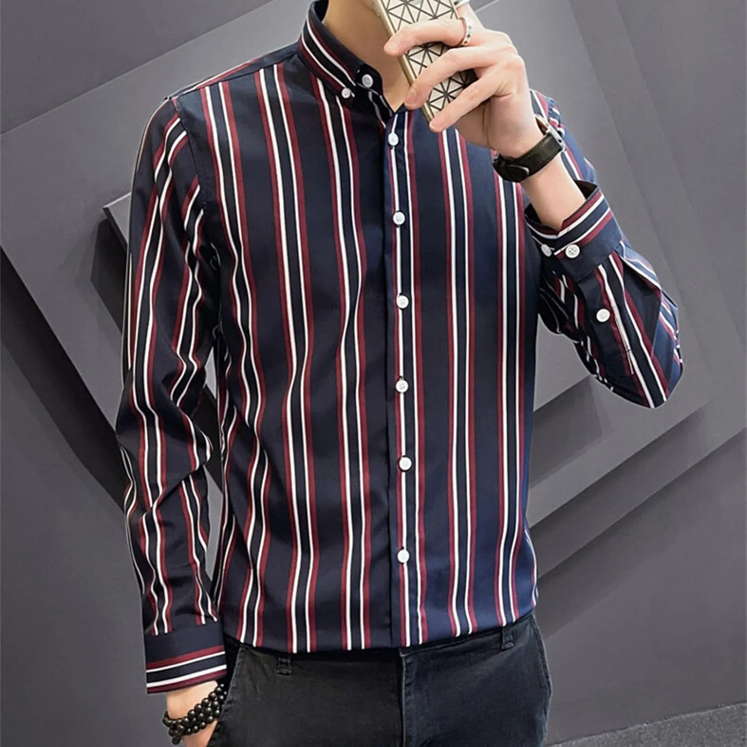 DGHM-JLMY Men Spring Striped Long Sleeve Shirt with Pointed Collar Casual Cotton Striped Shirt Fashion Button Down Shirt