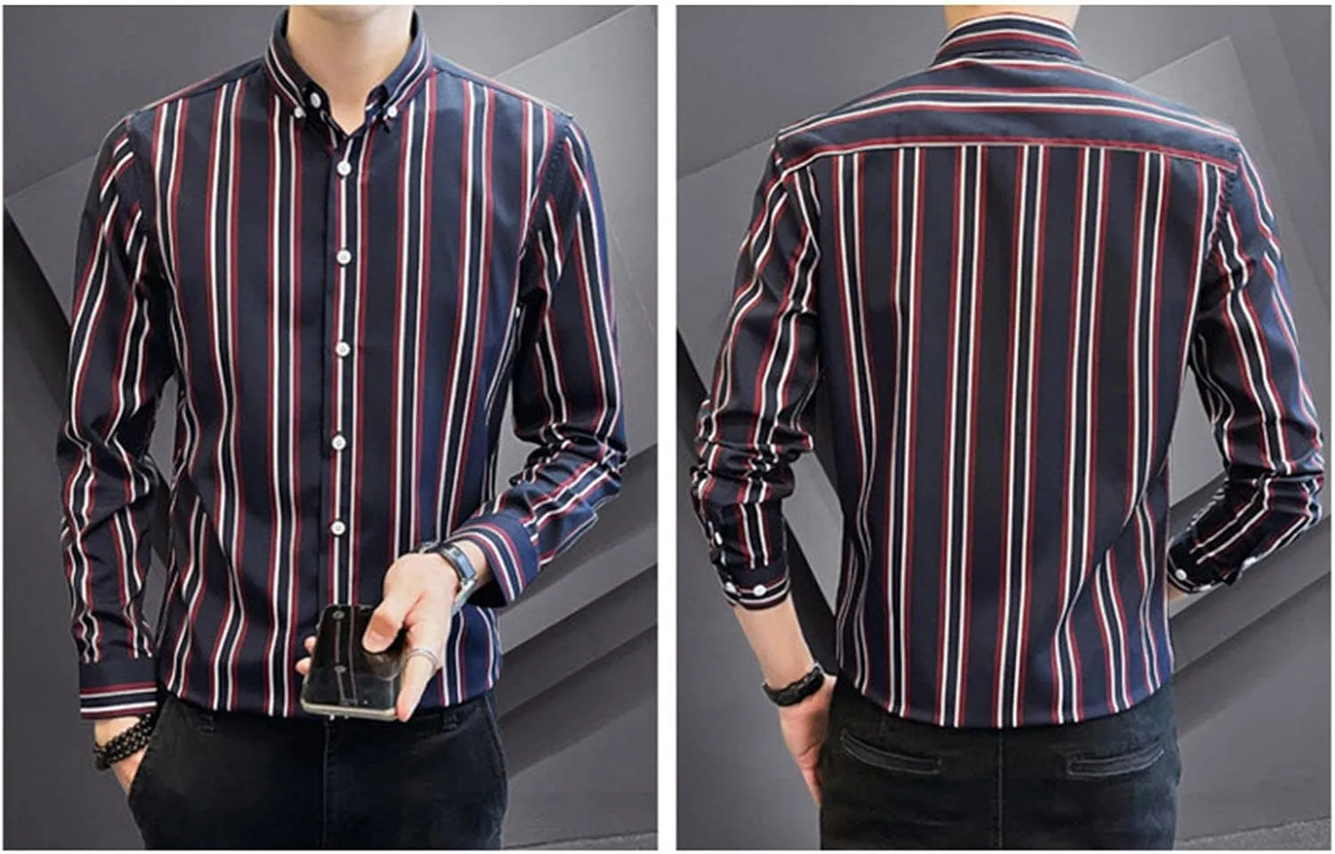 DGHM-JLMY Men Spring Striped Long Sleeve Shirt with Pointed Collar Casual Cotton Striped Shirt Fashion Button Down Shirt
