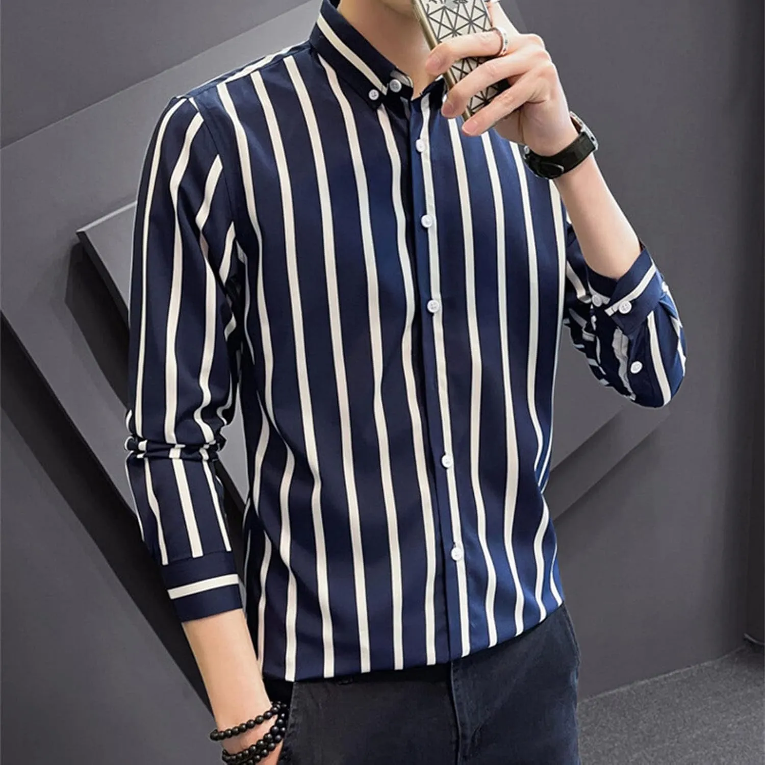 DGHM-JLMY Men Spring Striped Long Sleeve Shirt with Pointed Collar Casual Cotton Striped Shirt Fashion Button Down Shirt
