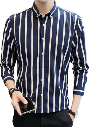 DGHM-JLMY Men Spring Striped Long Sleeve Shirt with Pointed Collar Casual Cotton Striped Shirt Fashion Button Down Shirt