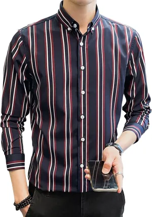 DGHM-JLMY Men Spring Striped Long Sleeve Shirt with Pointed Collar Casual Cotton Striped Shirt Fashion Button Down Shirt