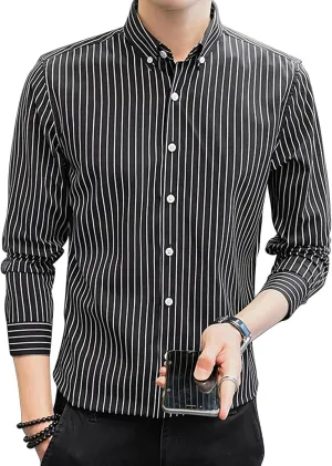 DGHM-JLMY Men Spring Striped Long Sleeve Shirt with Pointed Collar Casual Cotton Striped Shirt Fashion Button Down Shirt