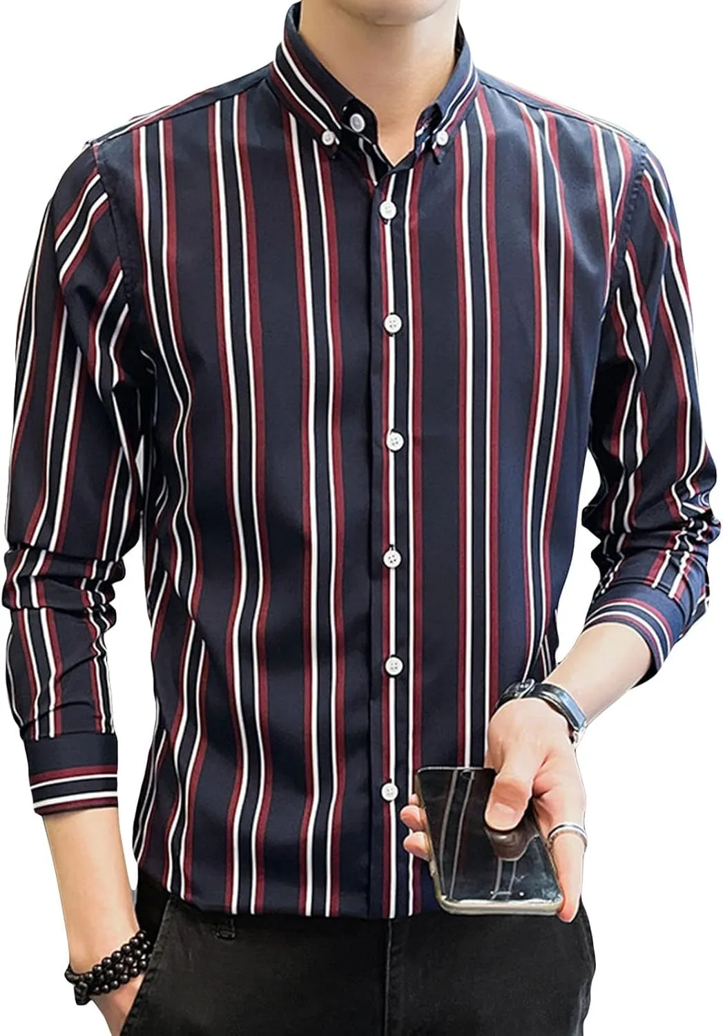 DGHM-JLMY Men Spring Striped Long Sleeve Shirt with Pointed Collar Casual Cotton Striped Shirt Fashion Button Down Shirt