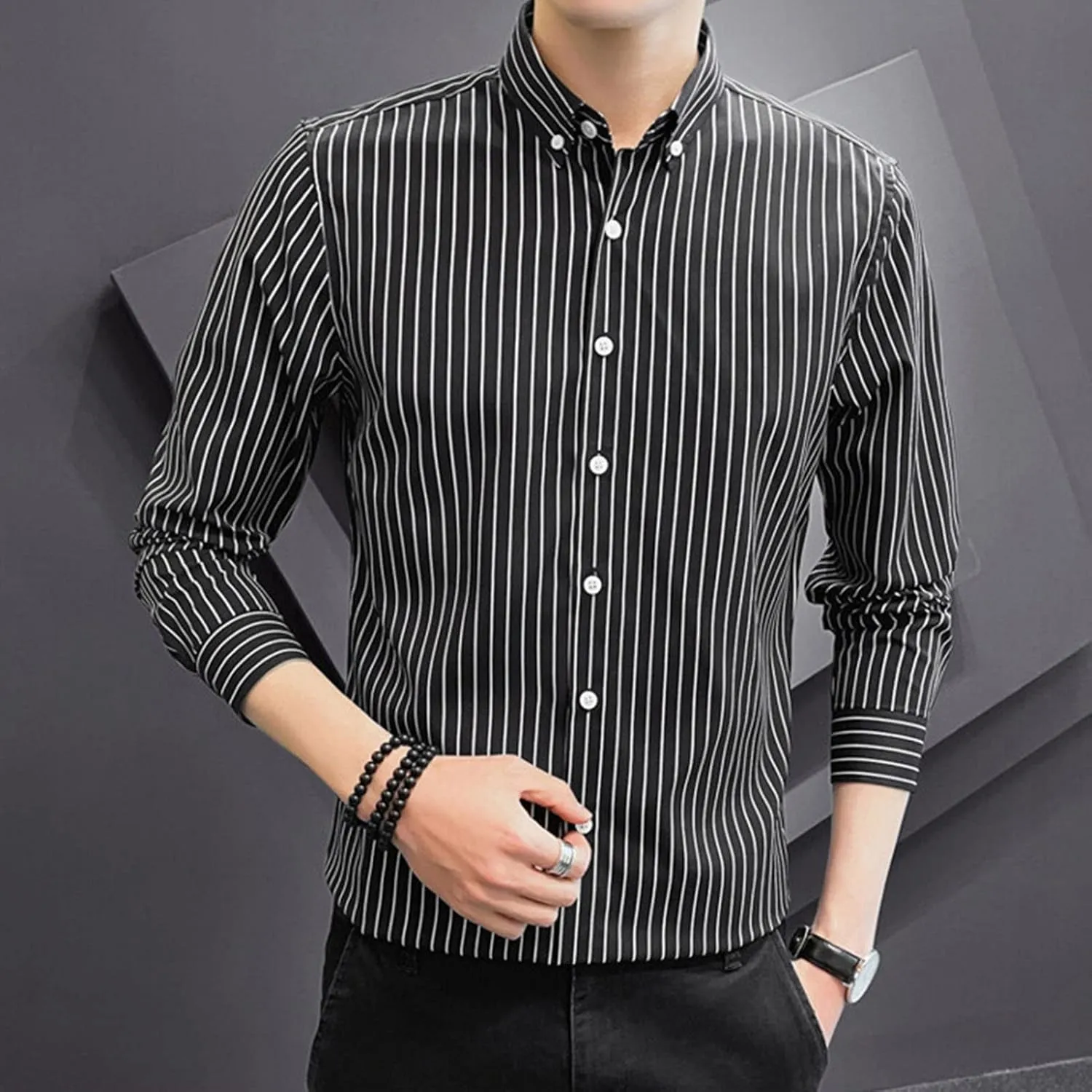DGHM-JLMY Men Spring Striped Long Sleeve Shirt with Pointed Collar Casual Cotton Striped Shirt Fashion Button Down Shirt