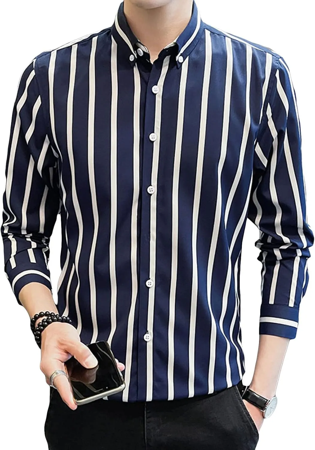 DGHM-JLMY Men Spring Striped Long Sleeve Shirt with Pointed Collar Casual Cotton Striped Shirt Fashion Button Down Shirt