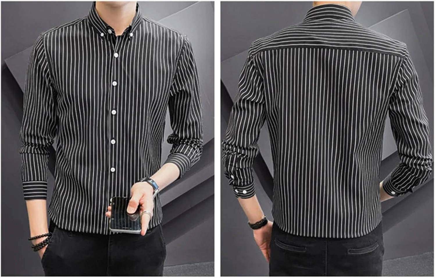 DGHM-JLMY Men Spring Striped Long Sleeve Shirt with Pointed Collar Casual Cotton Striped Shirt Fashion Button Down Shirt