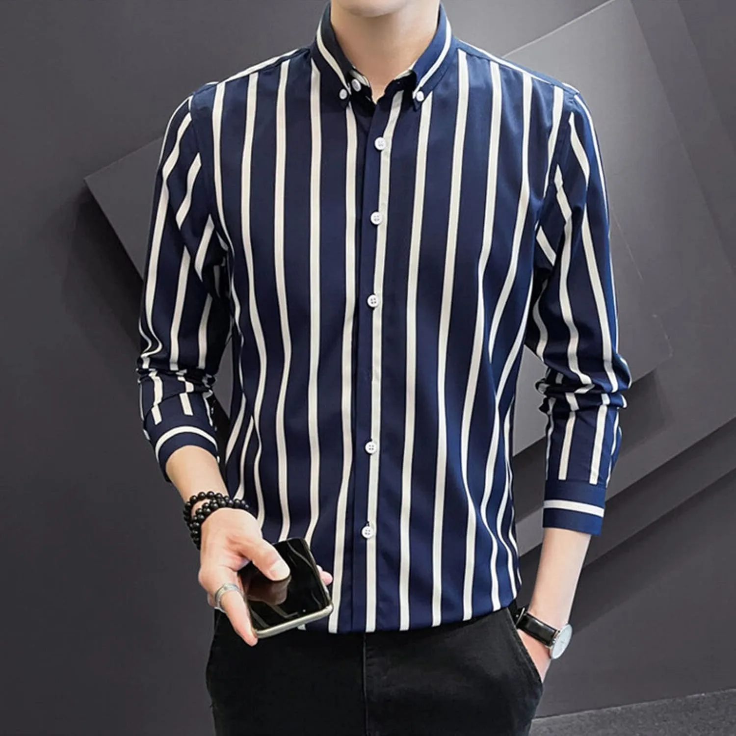 DGHM-JLMY Men Spring Striped Long Sleeve Shirt with Pointed Collar Casual Cotton Striped Shirt Fashion Button Down Shirt