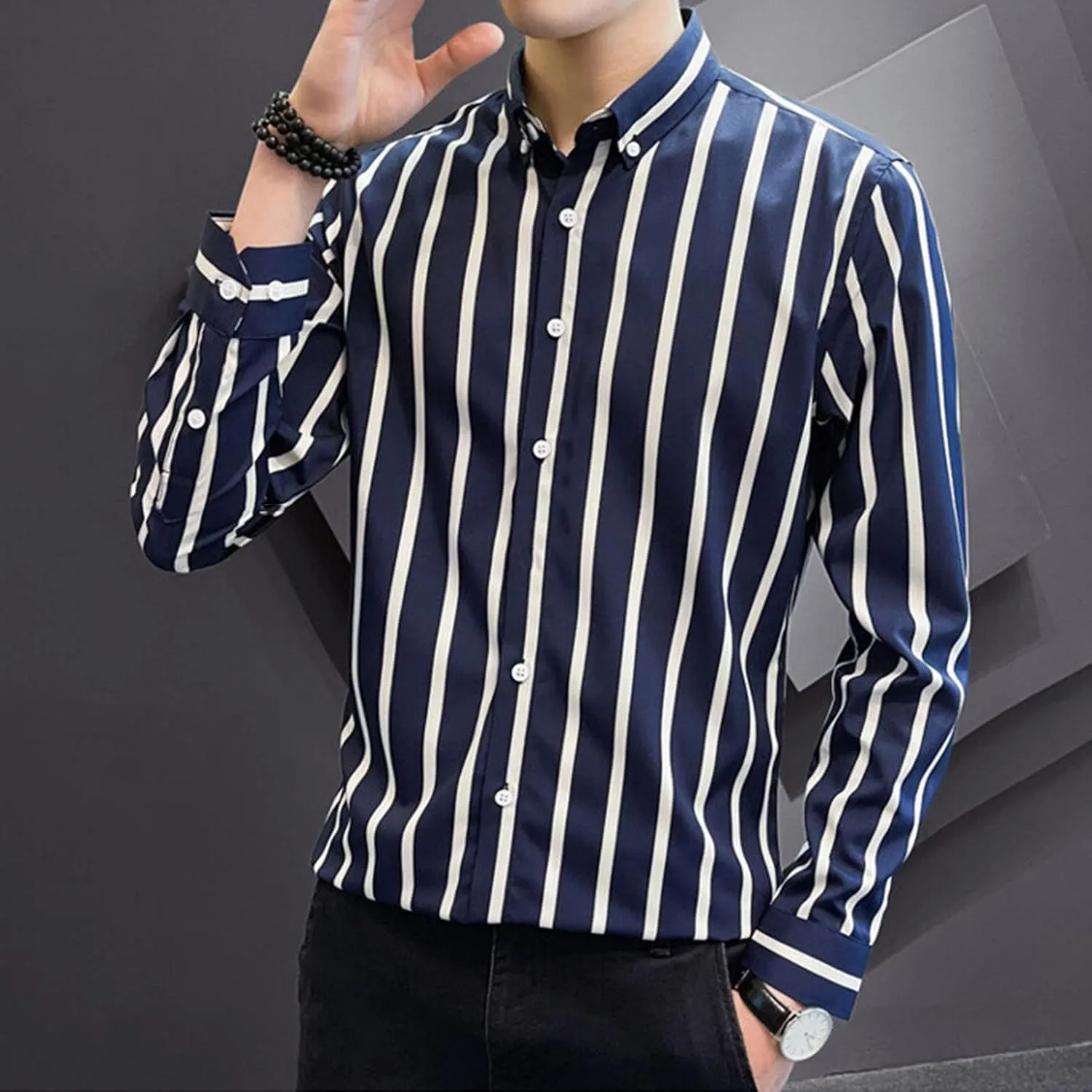 DGHM-JLMY Men Spring Striped Long Sleeve Shirt with Pointed Collar Casual Cotton Striped Shirt Fashion Button Down Shirt