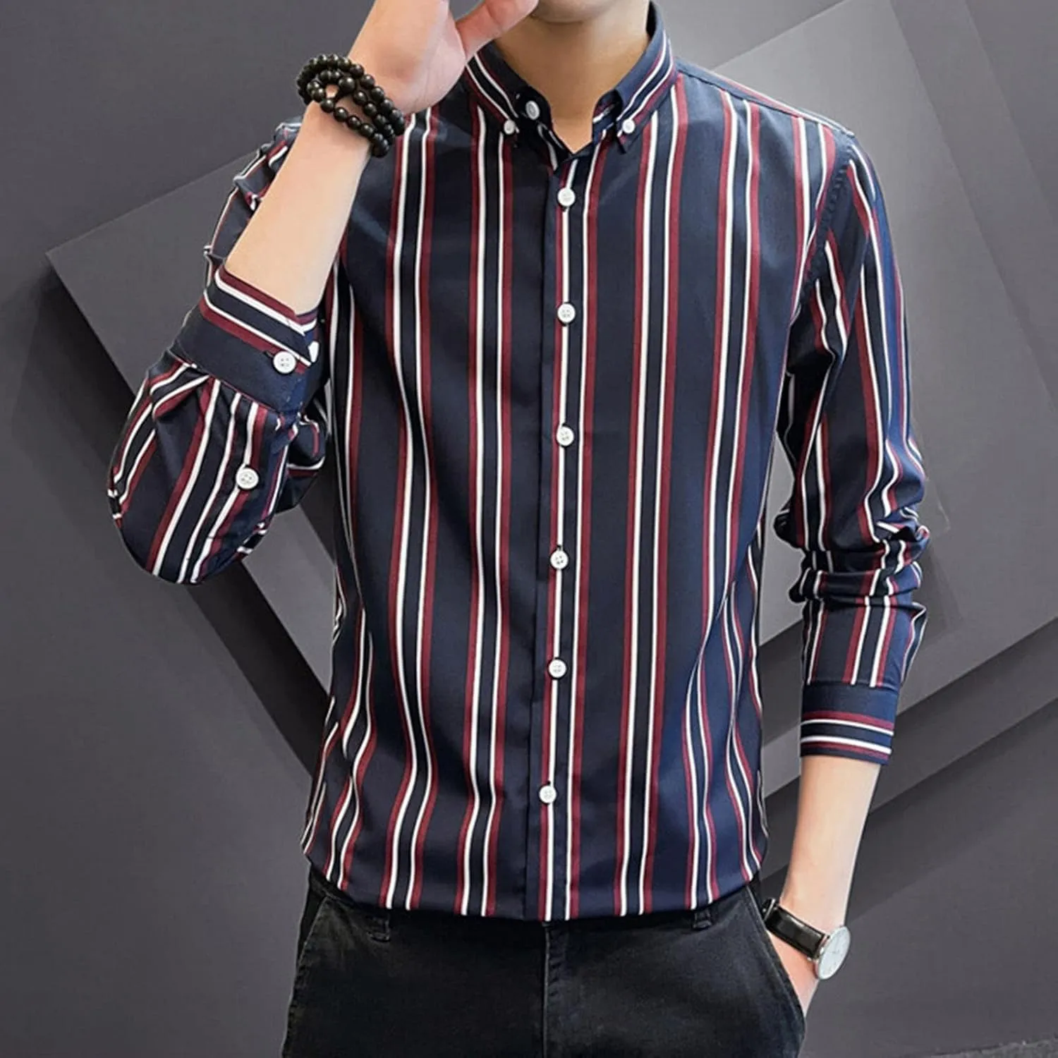 DGHM-JLMY Men Spring Striped Long Sleeve Shirt with Pointed Collar Casual Cotton Striped Shirt Fashion Button Down Shirt