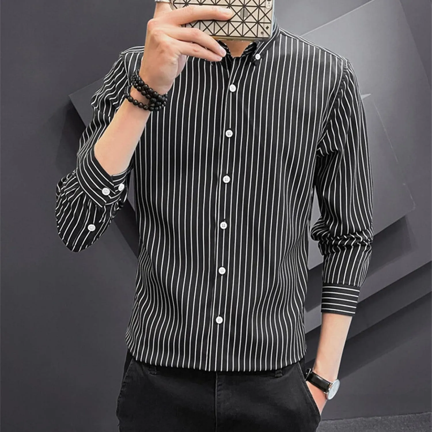 DGHM-JLMY Men Spring Striped Long Sleeve Shirt with Pointed Collar Casual Cotton Striped Shirt Fashion Button Down Shirt