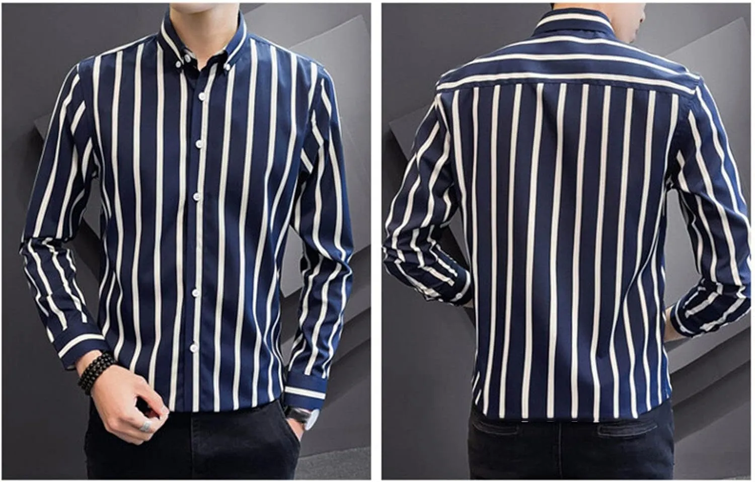 DGHM-JLMY Men Spring Striped Long Sleeve Shirt with Pointed Collar Casual Cotton Striped Shirt Fashion Button Down Shirt
