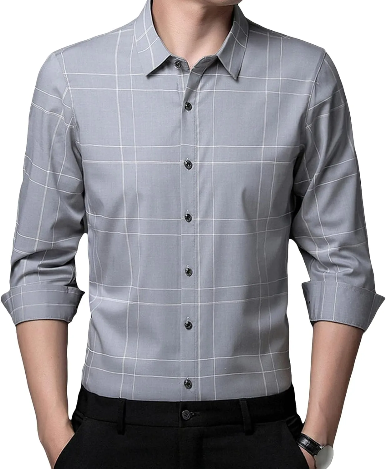 DGHM-JLMY Men's Fashion Business Casual Plaid Shirt Regular Fit Cotton Flannel Shirt Button Up Wrinkle-Free Plaid Shirts
