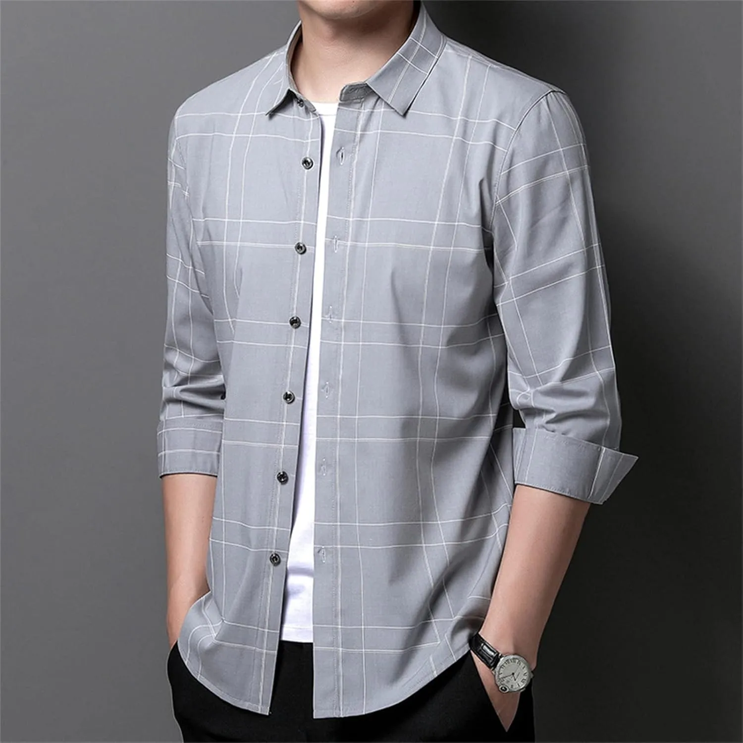 DGHM-JLMY Men's Fashion Business Casual Plaid Shirt Regular Fit Cotton Flannel Shirt Button Up Wrinkle-Free Plaid Shirts