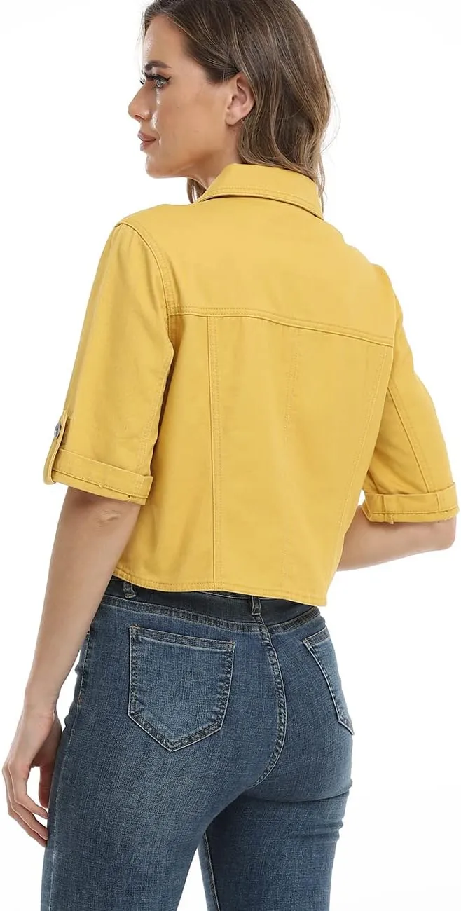 Dilgul Women's Denim Jacket Button Down Short Sleeve Cropped Jean Jacket Coat