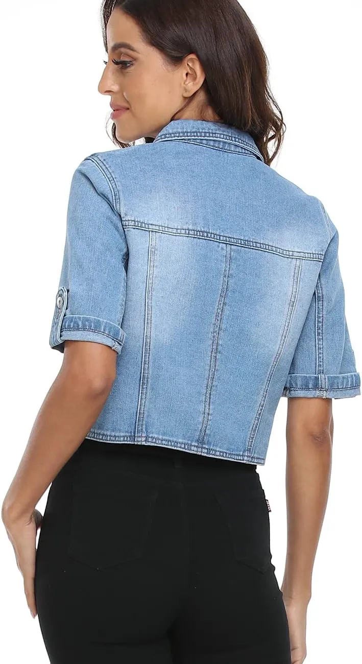 Dilgul Women's Denim Jacket Button Down Short Sleeve Cropped Jean Jacket Coat
