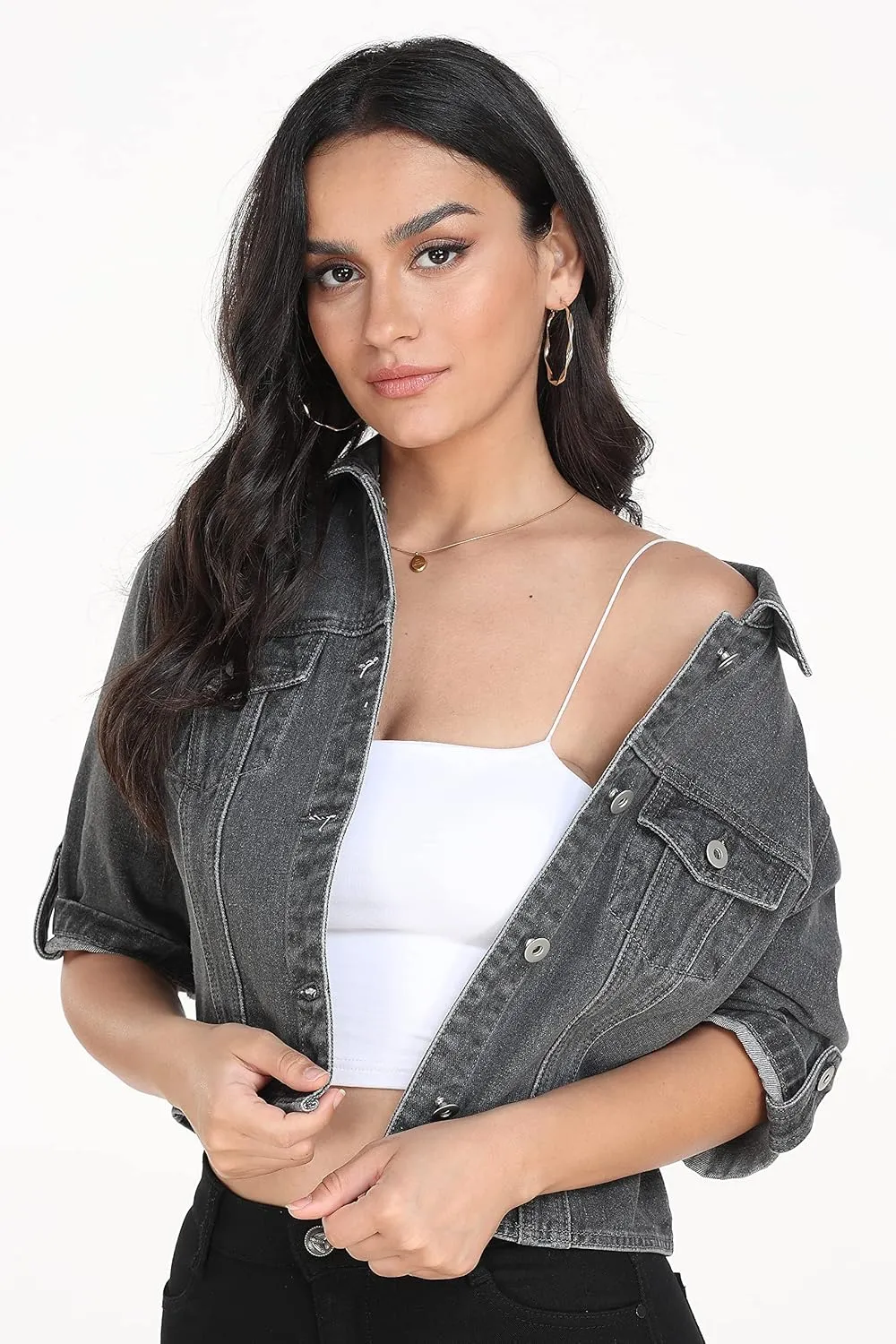 Dilgul Women's Denim Jacket Button Down Short Sleeve Cropped Jean Jacket Coat
