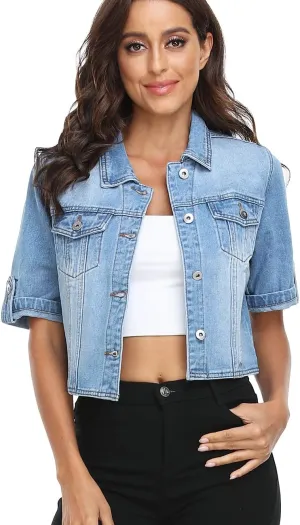 Dilgul Women's Denim Jacket Button Down Short Sleeve Cropped Jean Jacket Coat