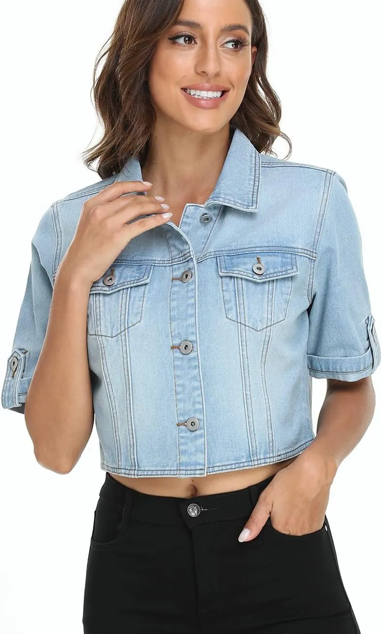 Dilgul Women's Denim Jacket Button Down Short Sleeve Cropped Jean Jacket Coat