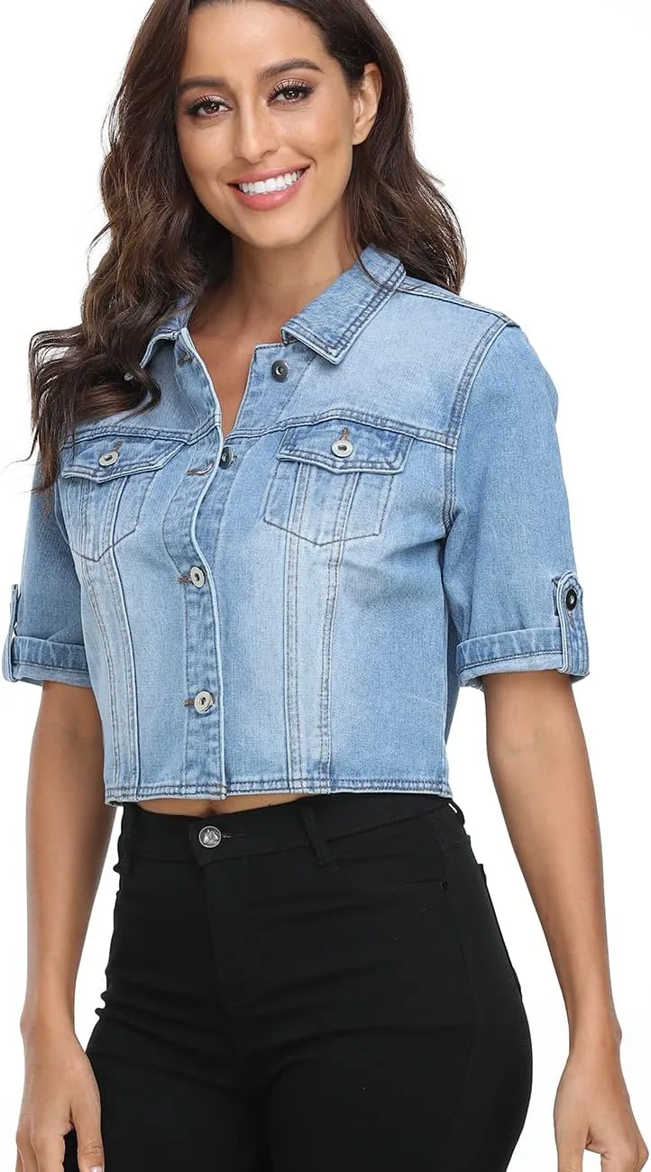 Dilgul Women's Denim Jacket Button Down Short Sleeve Cropped Jean Jacket Coat