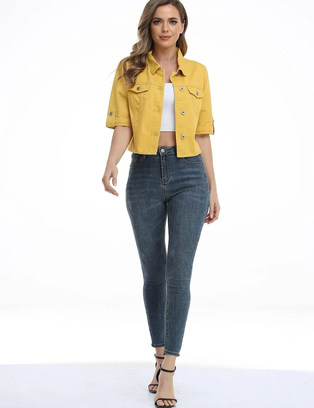 Dilgul Women's Denim Jacket Button Down Short Sleeve Cropped Jean Jacket Coat