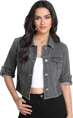 Dilgul Women's Denim Jacket Button Down Short Sleeve Cropped Jean Jacket Coat