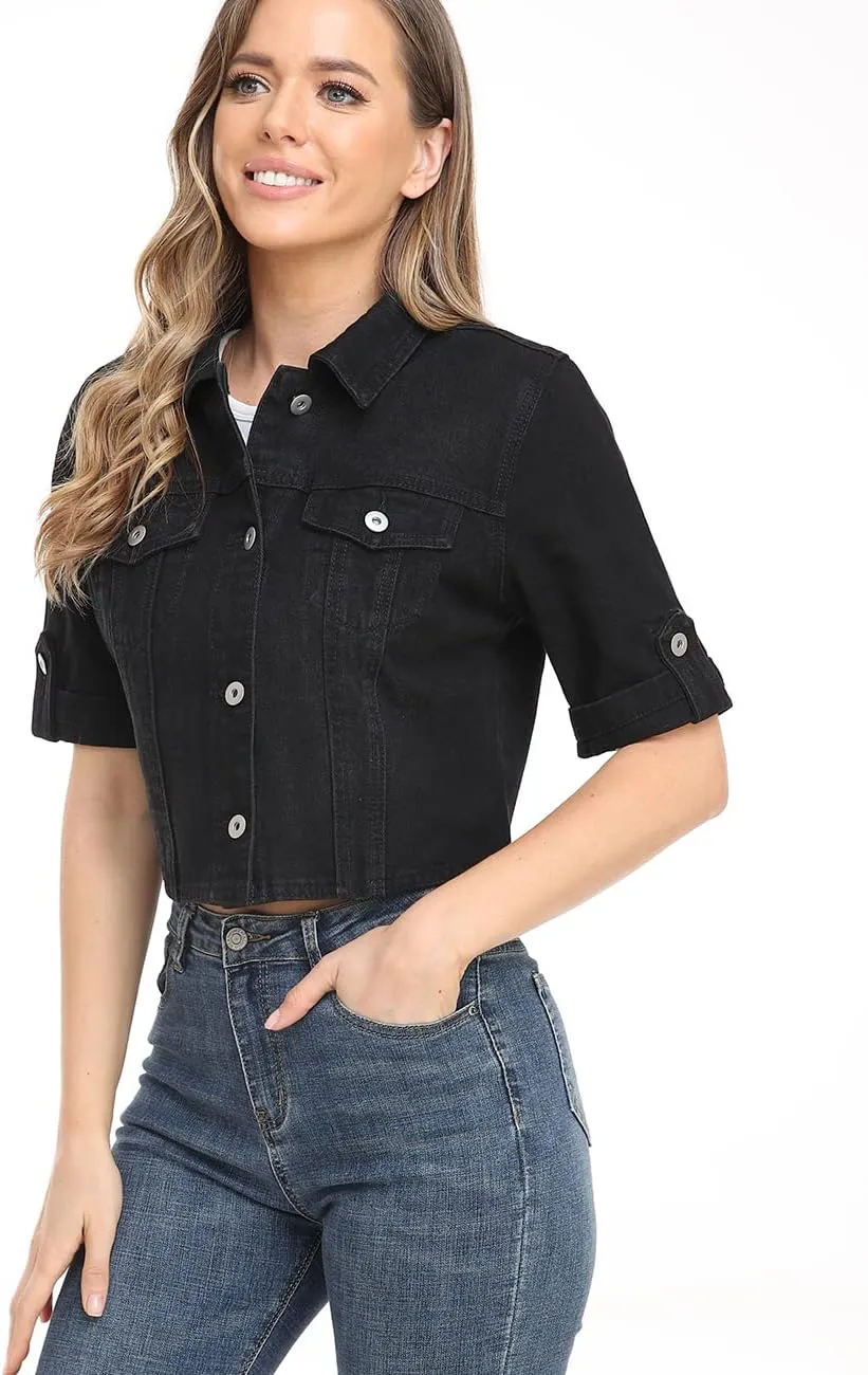Dilgul Women's Denim Jacket Button Down Short Sleeve Cropped Jean Jacket Coat