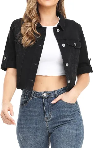 Dilgul Women's Denim Jacket Button Down Short Sleeve Cropped Jean Jacket Coat