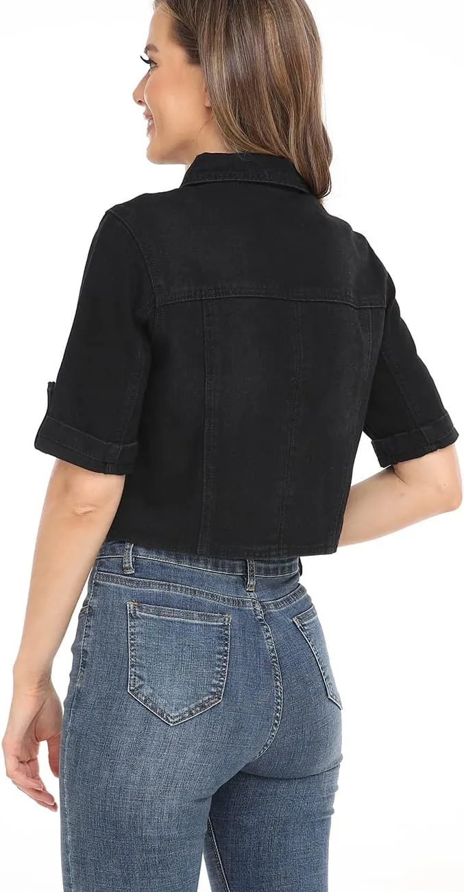 Dilgul Women's Denim Jacket Button Down Short Sleeve Cropped Jean Jacket Coat