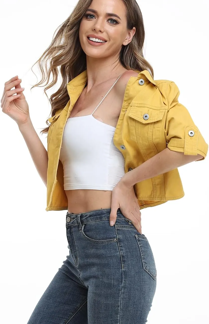 Dilgul Women's Denim Jacket Button Down Short Sleeve Cropped Jean Jacket Coat