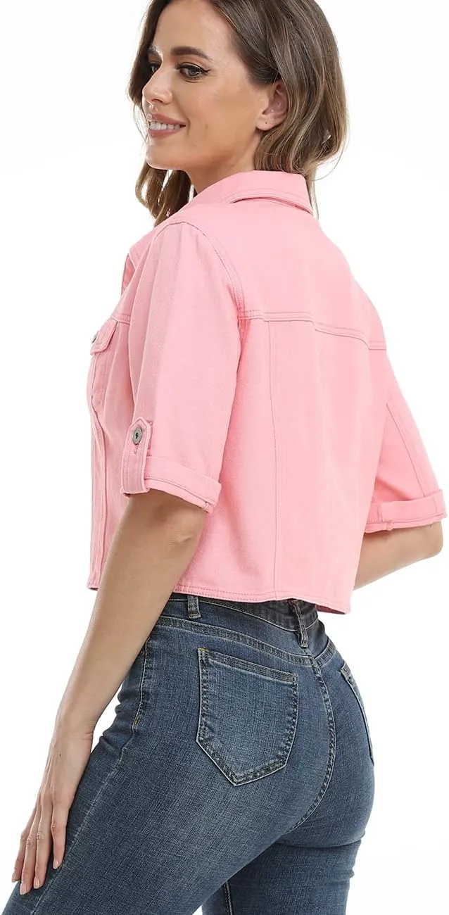Dilgul Women's Denim Jacket Button Down Short Sleeve Cropped Jean Jacket Coat