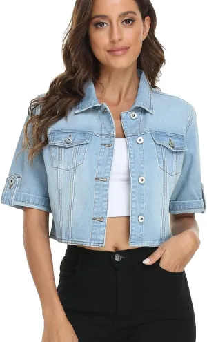 Dilgul Women's Denim Jacket Button Down Short Sleeve Cropped Jean Jacket Coat