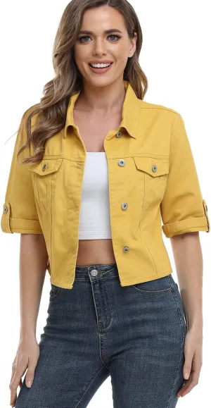 Dilgul Women's Denim Jacket Button Down Short Sleeve Cropped Jean Jacket Coat