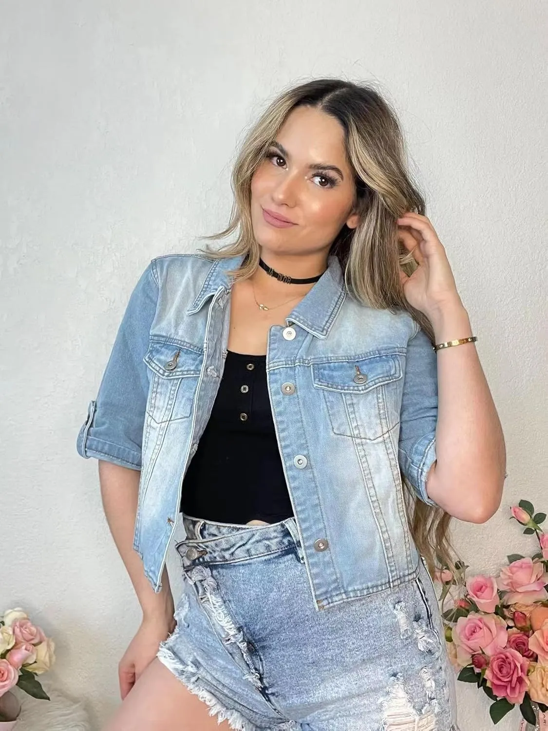 Dilgul Women's Denim Jacket Button Down Short Sleeve Cropped Jean Jacket Coat
