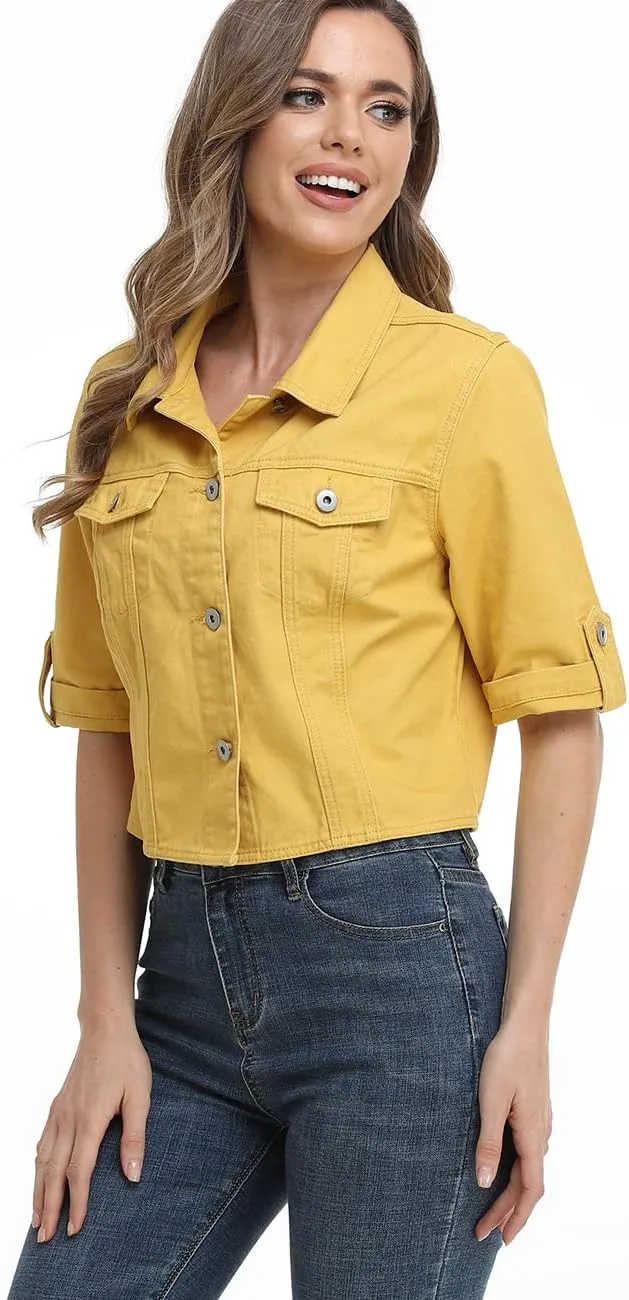 Dilgul Women's Denim Jacket Button Down Short Sleeve Cropped Jean Jacket Coat