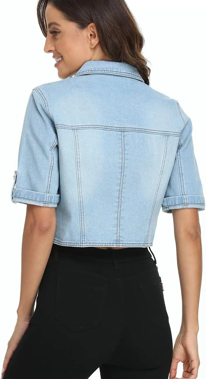 Dilgul Women's Denim Jacket Button Down Short Sleeve Cropped Jean Jacket Coat