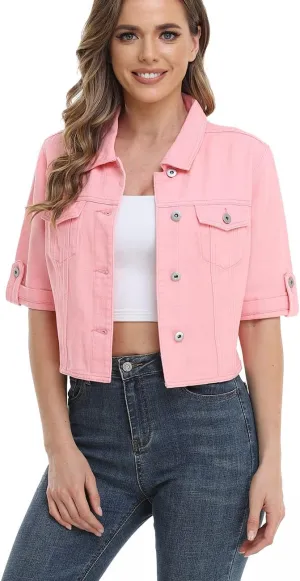 Dilgul Women's Denim Jacket Button Down Short Sleeve Cropped Jean Jacket Coat