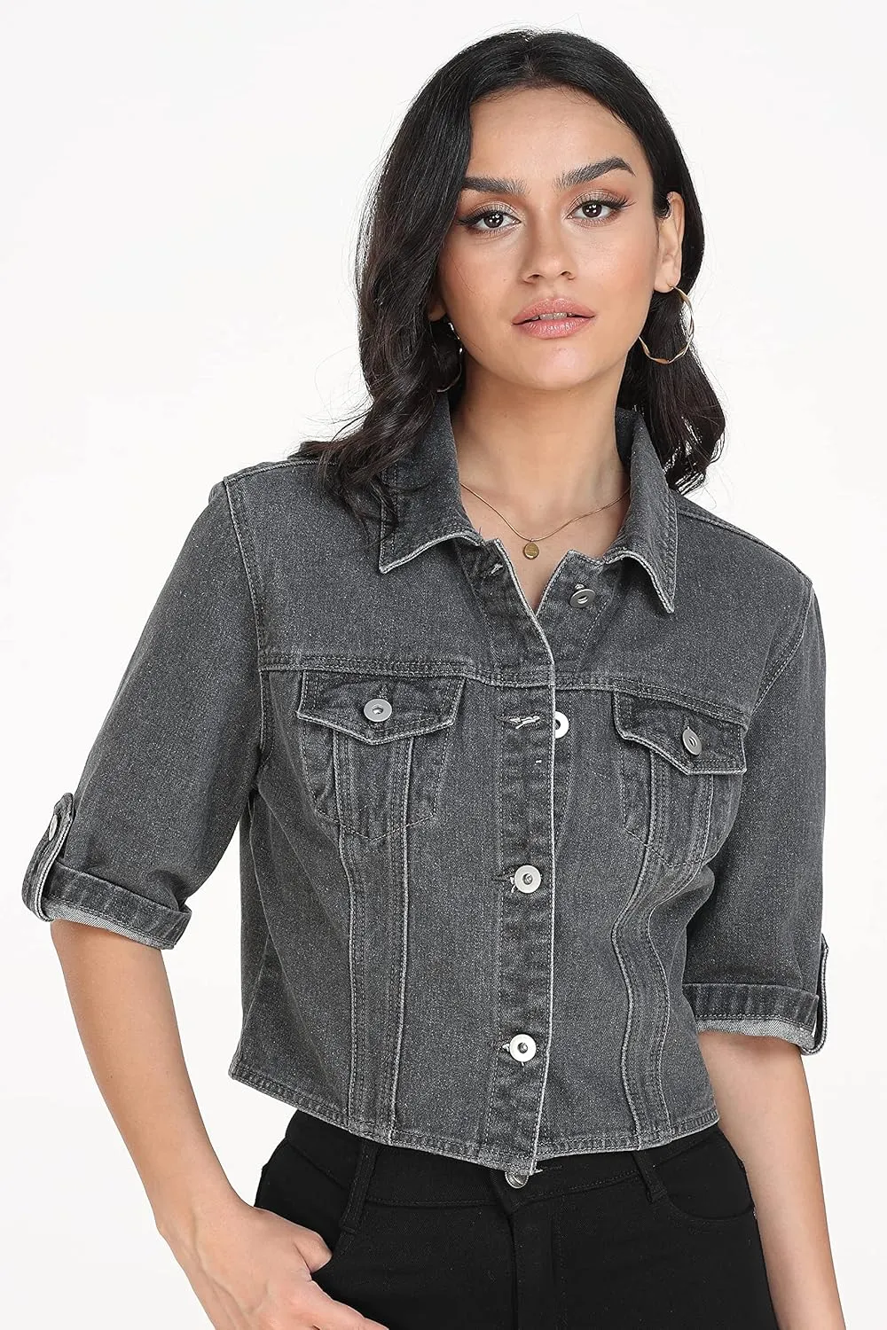 Dilgul Women's Denim Jacket Button Down Short Sleeve Cropped Jean Jacket Coat
