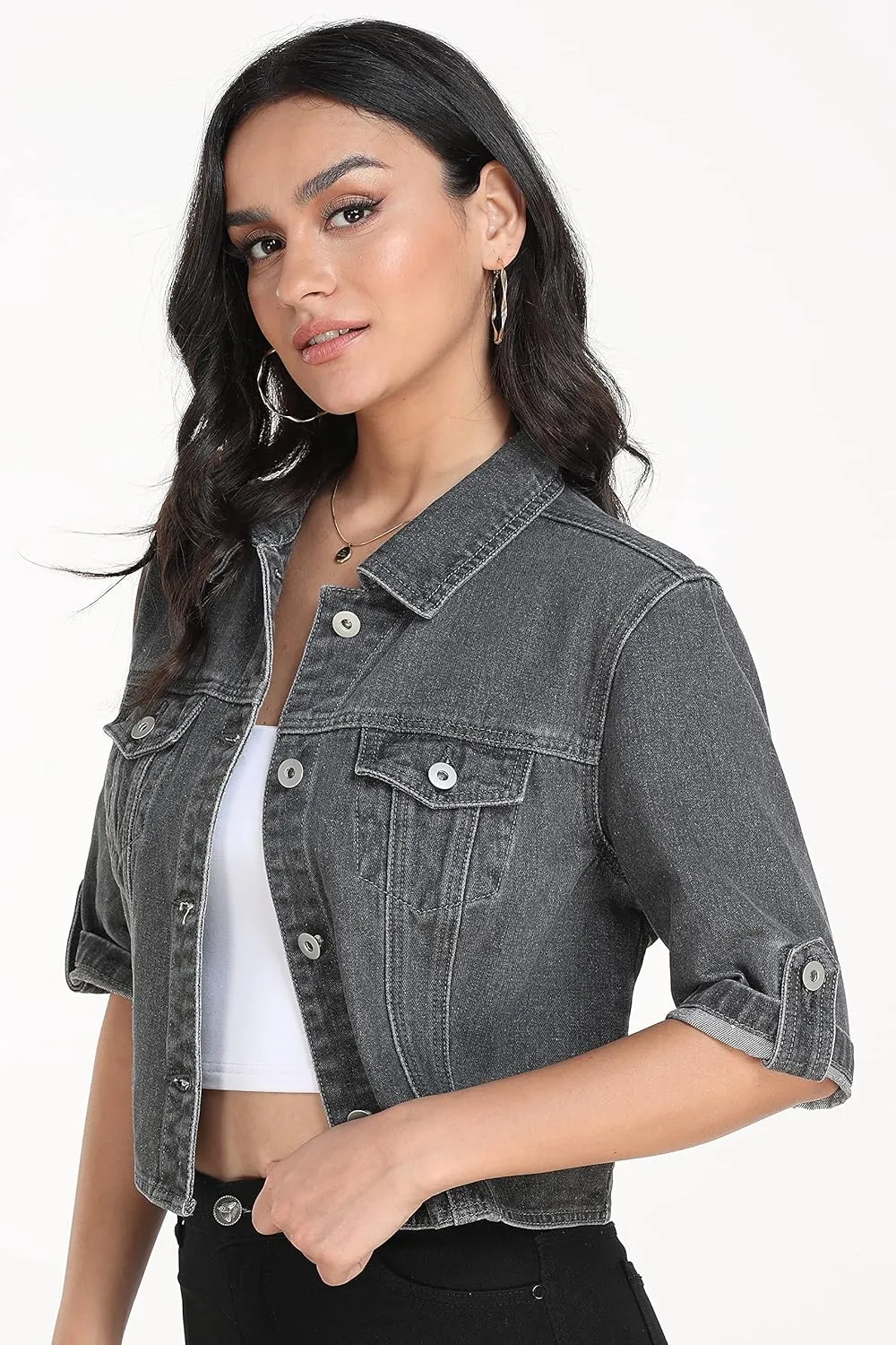 Dilgul Women's Denim Jacket Button Down Short Sleeve Cropped Jean Jacket Coat
