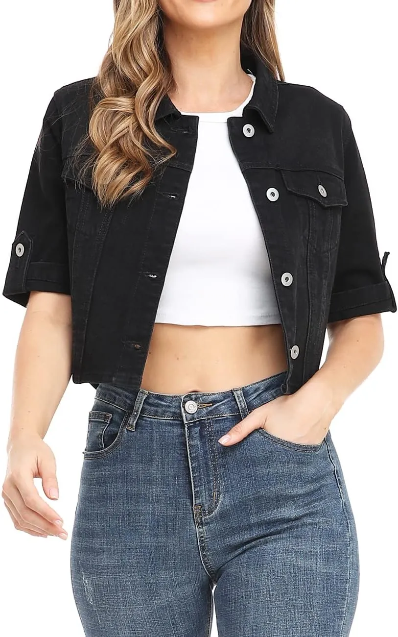 Dilgul Women's Denim Jacket Button Down Short Sleeve Cropped Jean Jacket Coat