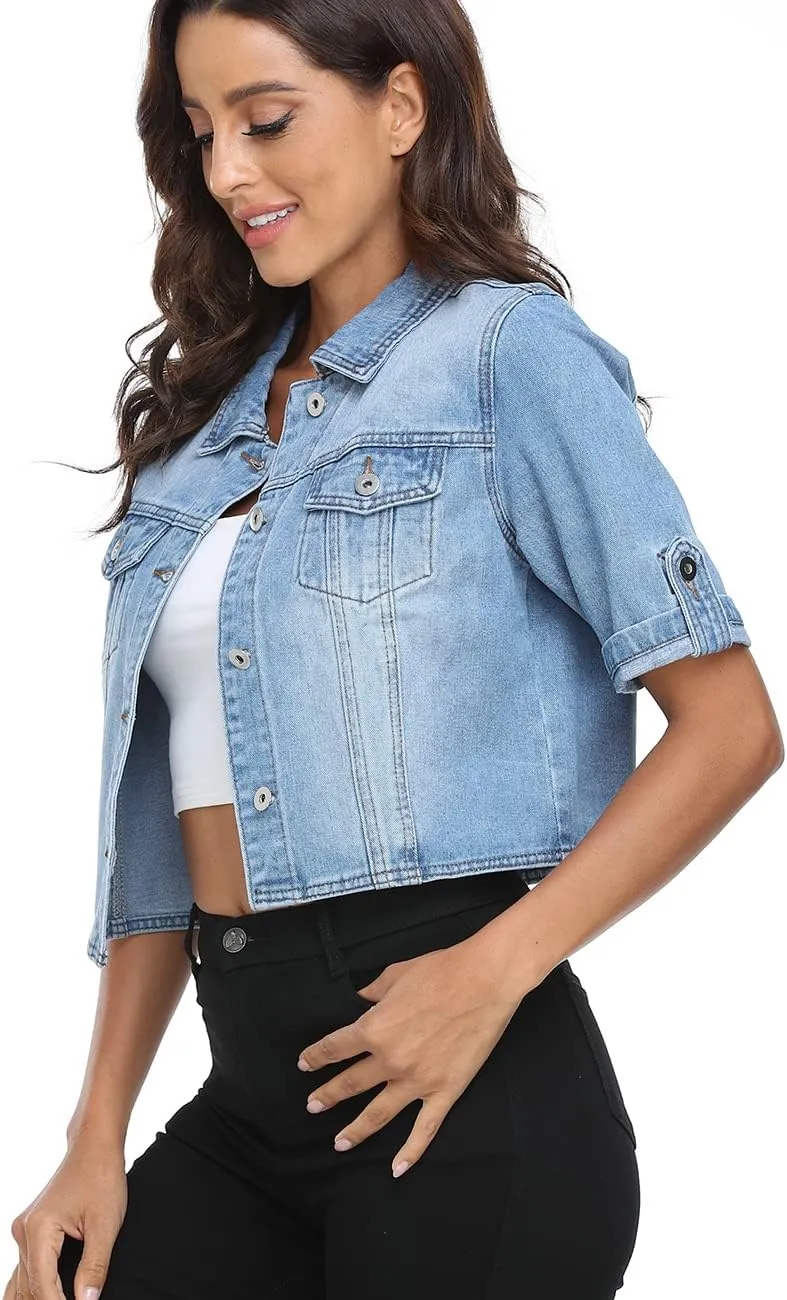 Dilgul Women's Denim Jacket Button Down Short Sleeve Cropped Jean Jacket Coat
