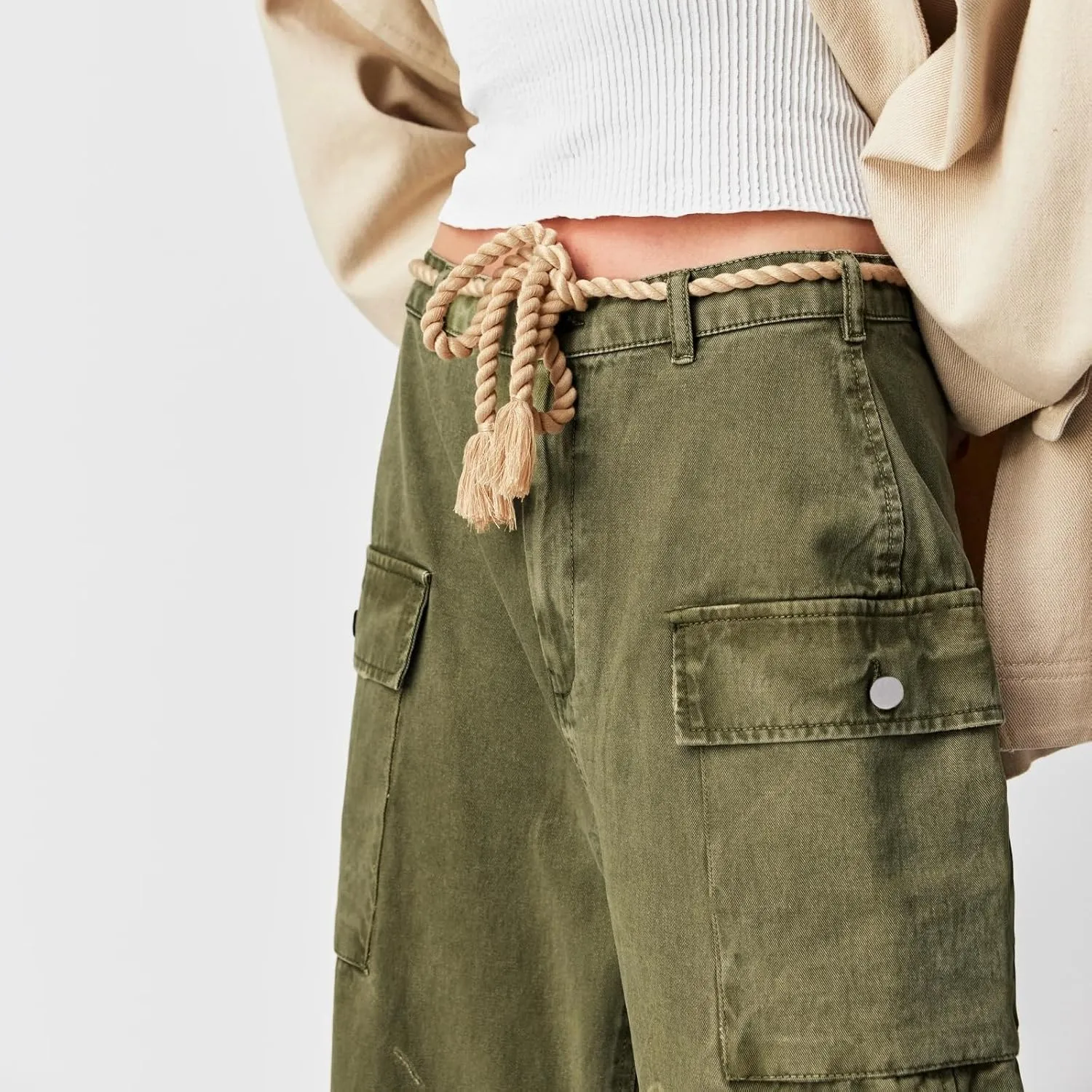 Distressed Baggy Jeans for Woman Leopard Mid Waist Wide Leg Denim Cargo Pants with Pockets Drawstring