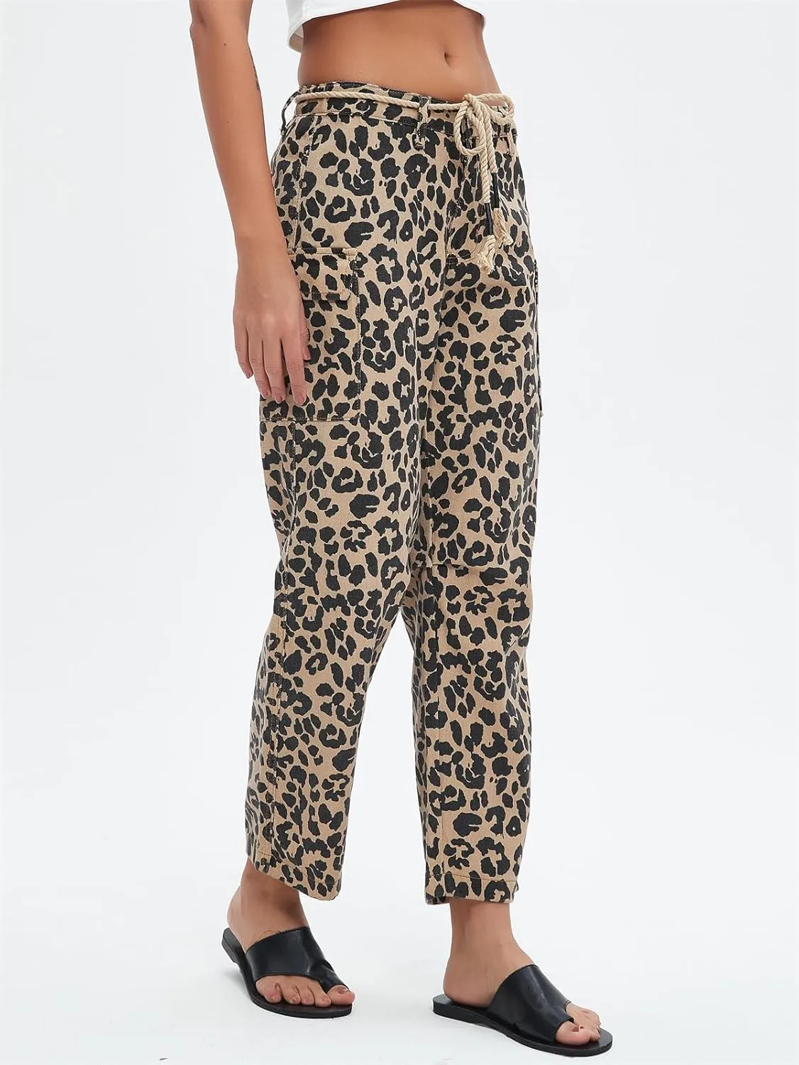 Distressed Baggy Jeans for Woman Leopard Mid Waist Wide Leg Denim Cargo Pants with Pockets Drawstring