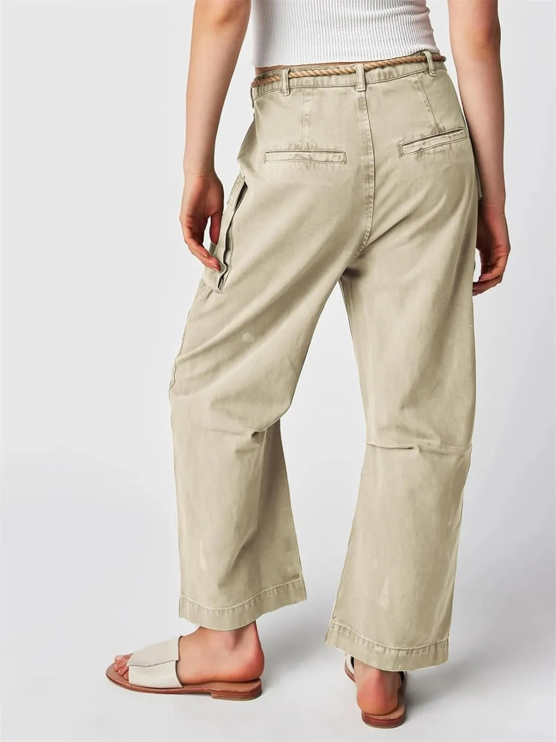 Distressed Baggy Jeans for Woman Leopard Mid Waist Wide Leg Denim Cargo Pants with Pockets Drawstring