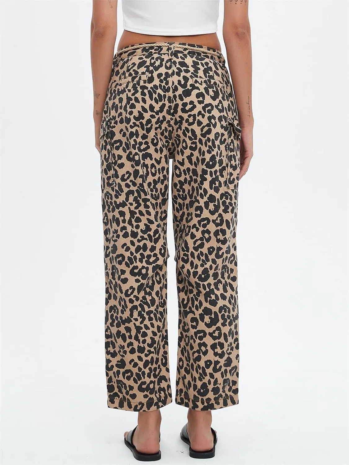 Distressed Baggy Jeans for Woman Leopard Mid Waist Wide Leg Denim Cargo Pants with Pockets Drawstring