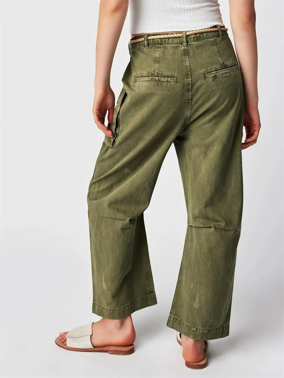 Distressed Baggy Jeans for Woman Leopard Mid Waist Wide Leg Denim Cargo Pants with Pockets Drawstring