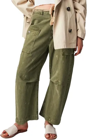 Distressed Baggy Jeans for Woman Leopard Mid Waist Wide Leg Denim Cargo Pants with Pockets Drawstring