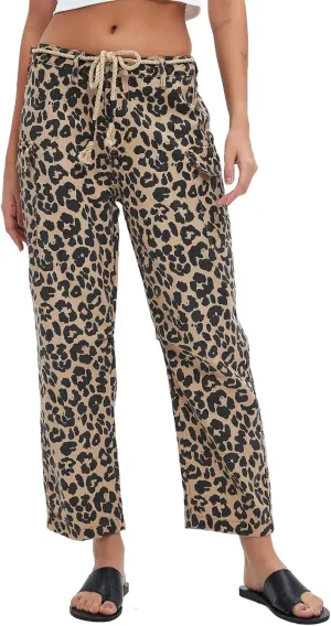 Distressed Baggy Jeans for Woman Leopard Mid Waist Wide Leg Denim Cargo Pants with Pockets Drawstring